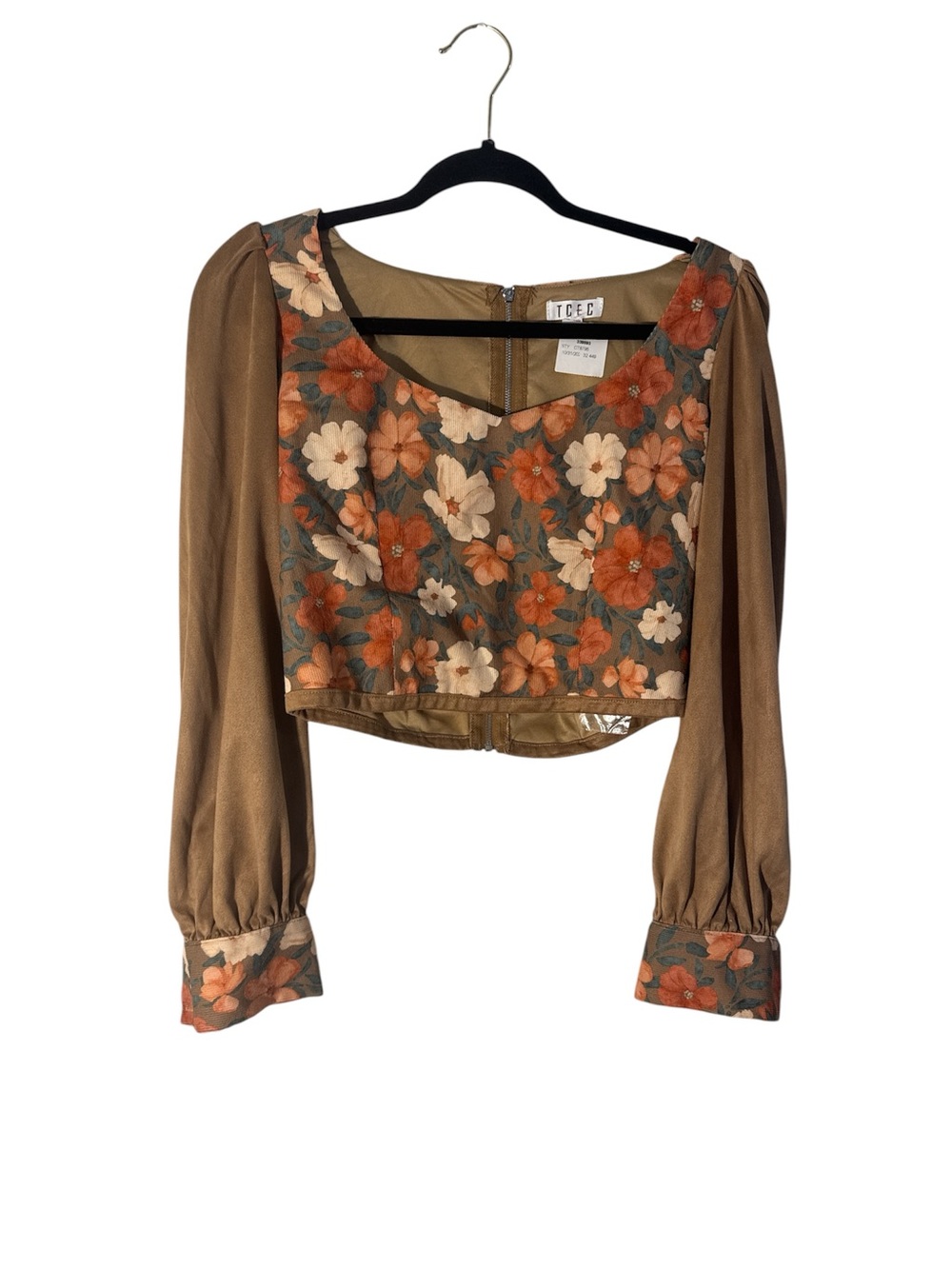 TCEC Floral  Puff-Sleeve Crop Top Brown/Orange